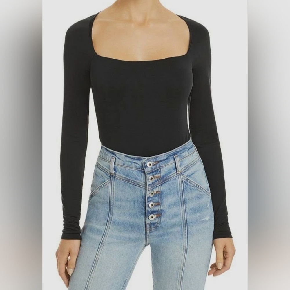 Jonathan Simkhai Black Square Neckline Super Soft Long Sleeve Thong Bodysuit